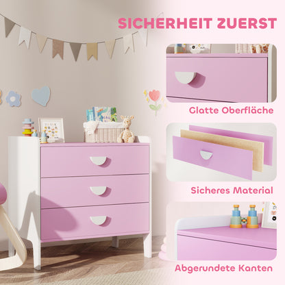 AIYAPLAY Kinder-Kommode mit 3 Schubladen, MDF, Aufbewahrungsschrank für Kinder, Rosa+Weiß