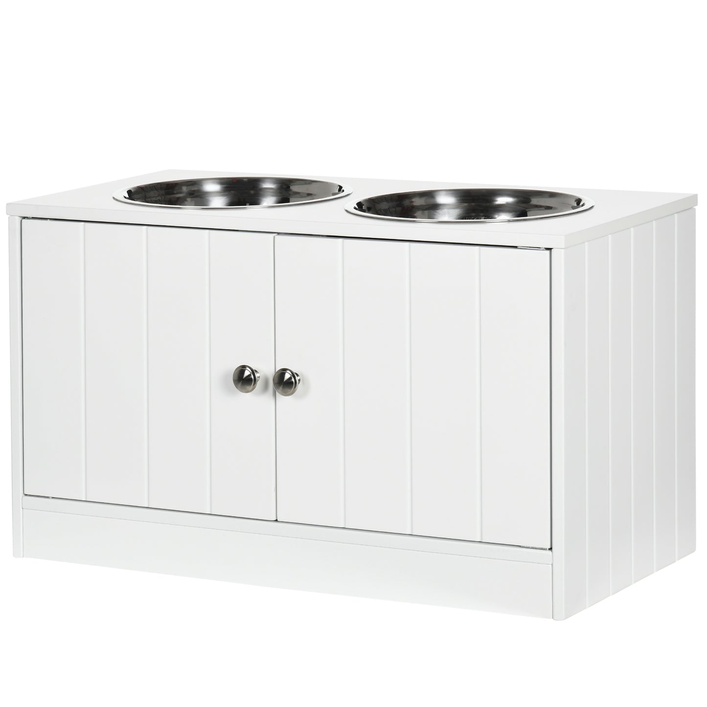 PawHut Hunde Futterstation, 2 Näpfe aus Edelstahl, Schrankfach 44L Kapazität, Magnettüren, vit, 60x30x35,5 cm