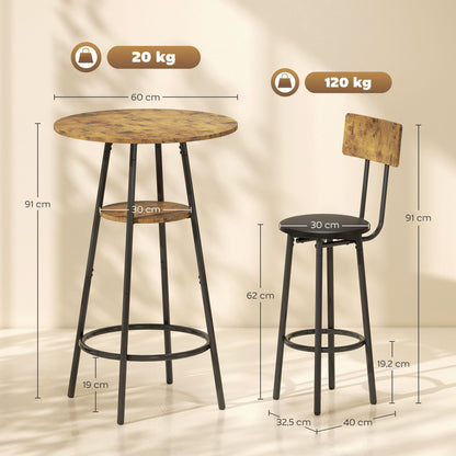 HOMCOM 3-teiliges Bartisch-Set mit 2 gepolsterten Hockern, Kunstleder-Bezug, Rückenlehne, Metallgestell, Braun
