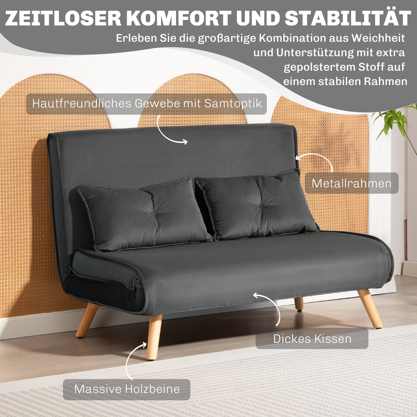 HOMCOM 2-Sitzer-Schlafsofa, Bettsofa, in Bett umwandelbare Couch, verstellbare Rückenlehne, Stoffbezug, Metallrahmen, Grau