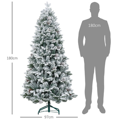 HOMCOM Künstlicher Weihnachtsbaum, Kunstschnee & Tannenzapfen, realistisch, flammhemmend, Metallfuß, 183 cm, Grün