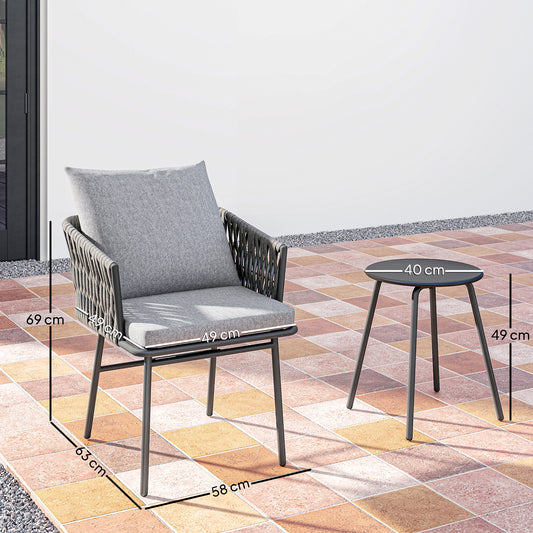 Outsunny 3-teiliges Außenmöbel-Set, 2 Stühle, 1 Tisch, Bistro-Set, Kunst-Rattan, Stahlrahmen, Metalltisch, 4 Kissen, Grau