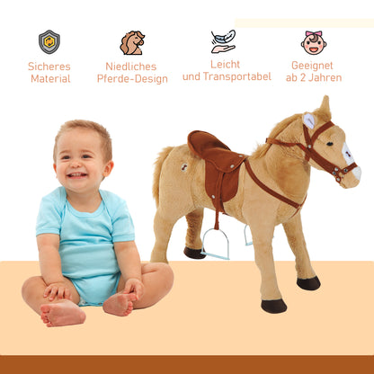 HOMCOM Reitpferd auf Rollen 60 cm Stehpferd mit Sattel, Zaumzeug Steigbügel Sound Spielpferd zum Reiten Draufsitzen Schaukeltier für Kinder ab 2 Jahre, Schaukelpferd Plüschpferd Indoor Outdoor Beige