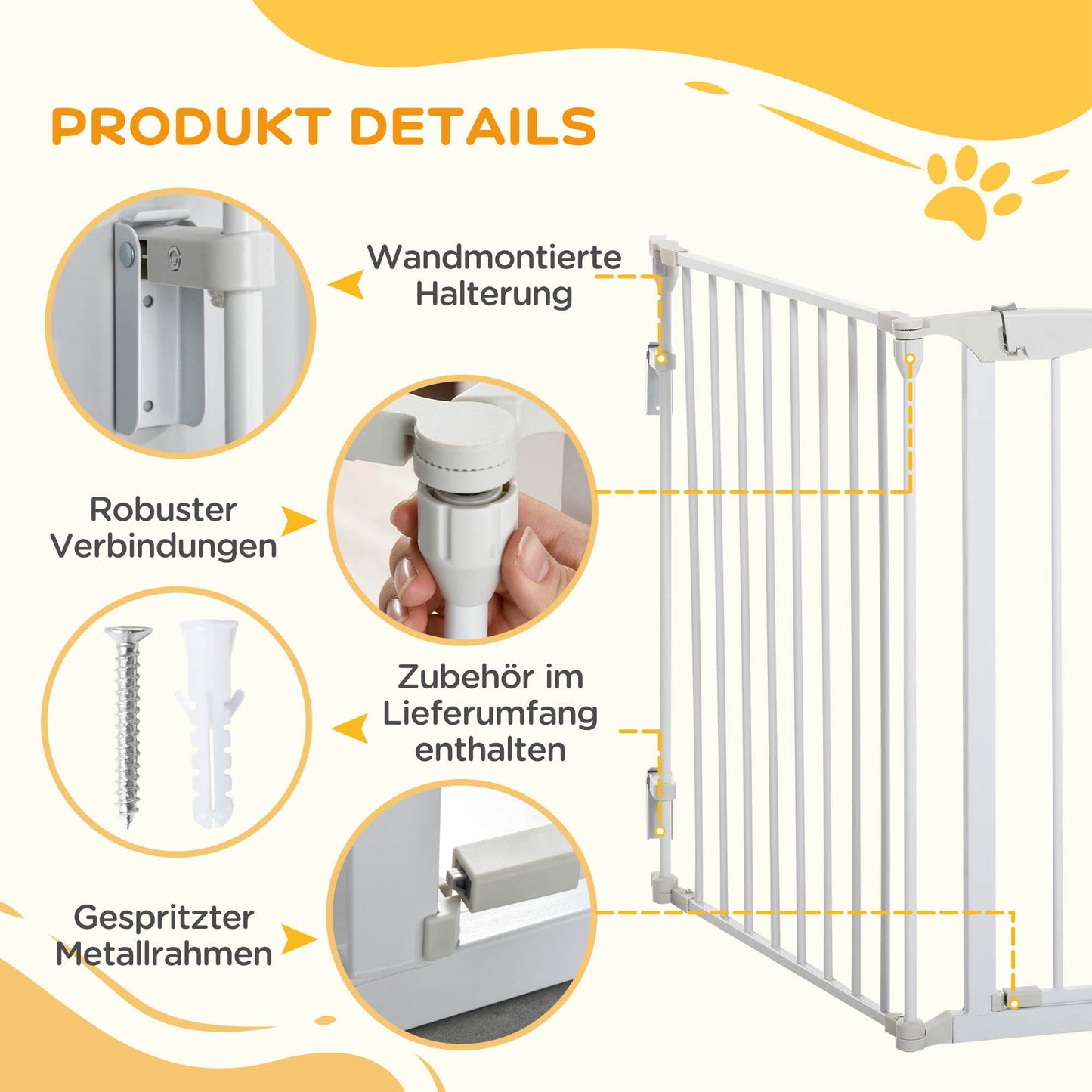 PawHut Absperrgitter Hund Freistehendes Schutzgitter 180 x 74,5 cm Hundegitter Klappbar Türschutzgitter Treppengitter Hundeabsperrgitter für Treppen, Türen, Küche, Flur, 3 Panelen, Weiß