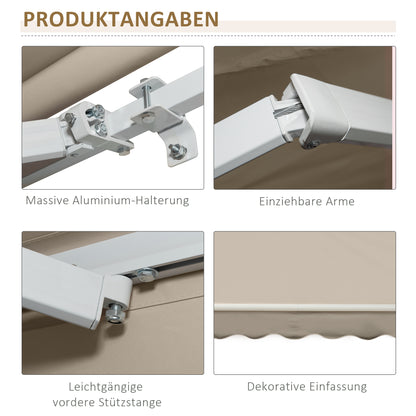 Outsunny Markise, Sonnenschutz, einfahrbar, mit Handkurbel, Metallrahmen, Polyester, Weiß+Beige, 3,95 x 2,45 m