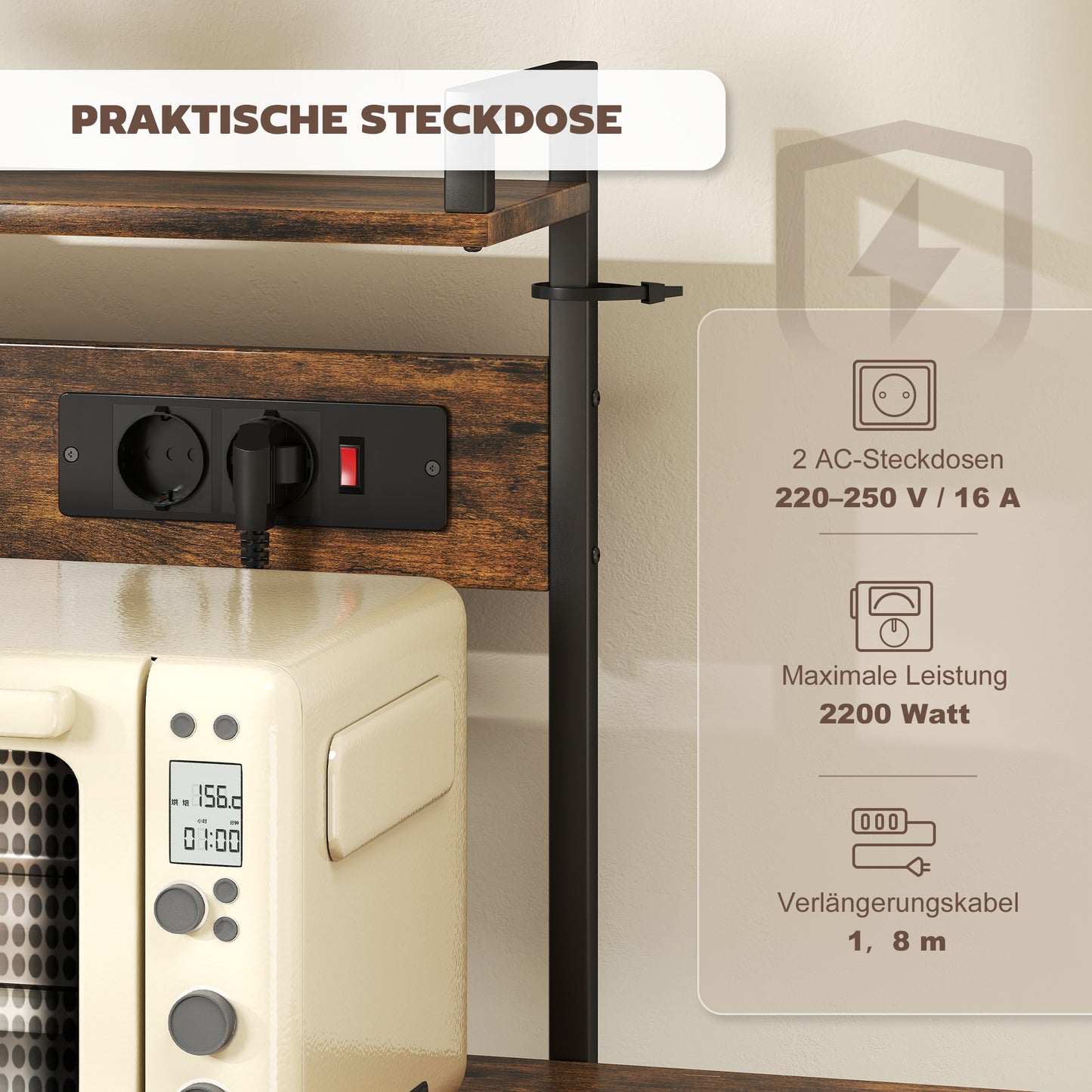 HOMCOM Küchenregal, Standregal mit 2 Steckdosen, 5 S-Haken, 5 Ablagen, Korb, X-Streben Stahl 90 x 42 x 130 cm