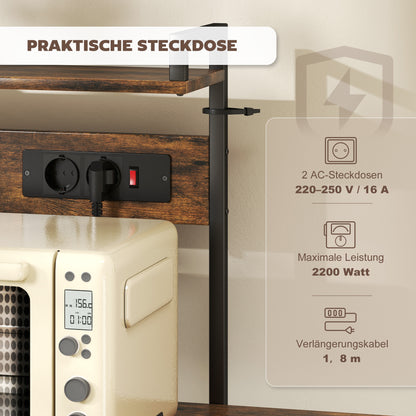 HOMCOM Küchenregal, Standregal mit 2 Steckdosen, 5 S-Haken, 5 Ablagen, Korb, X-Streben Stahl 90 x 42 x 130 cm