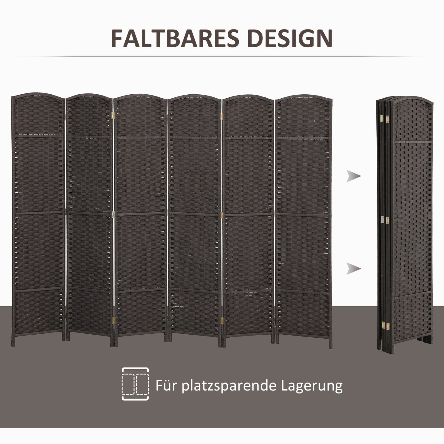HOMCOM 6-teiliger Raumtrenner, Faltbarer Sichtschutz, Sichtschutzwand für Wohnzimmer, Schlafzimmer, Homeoffice, Braun