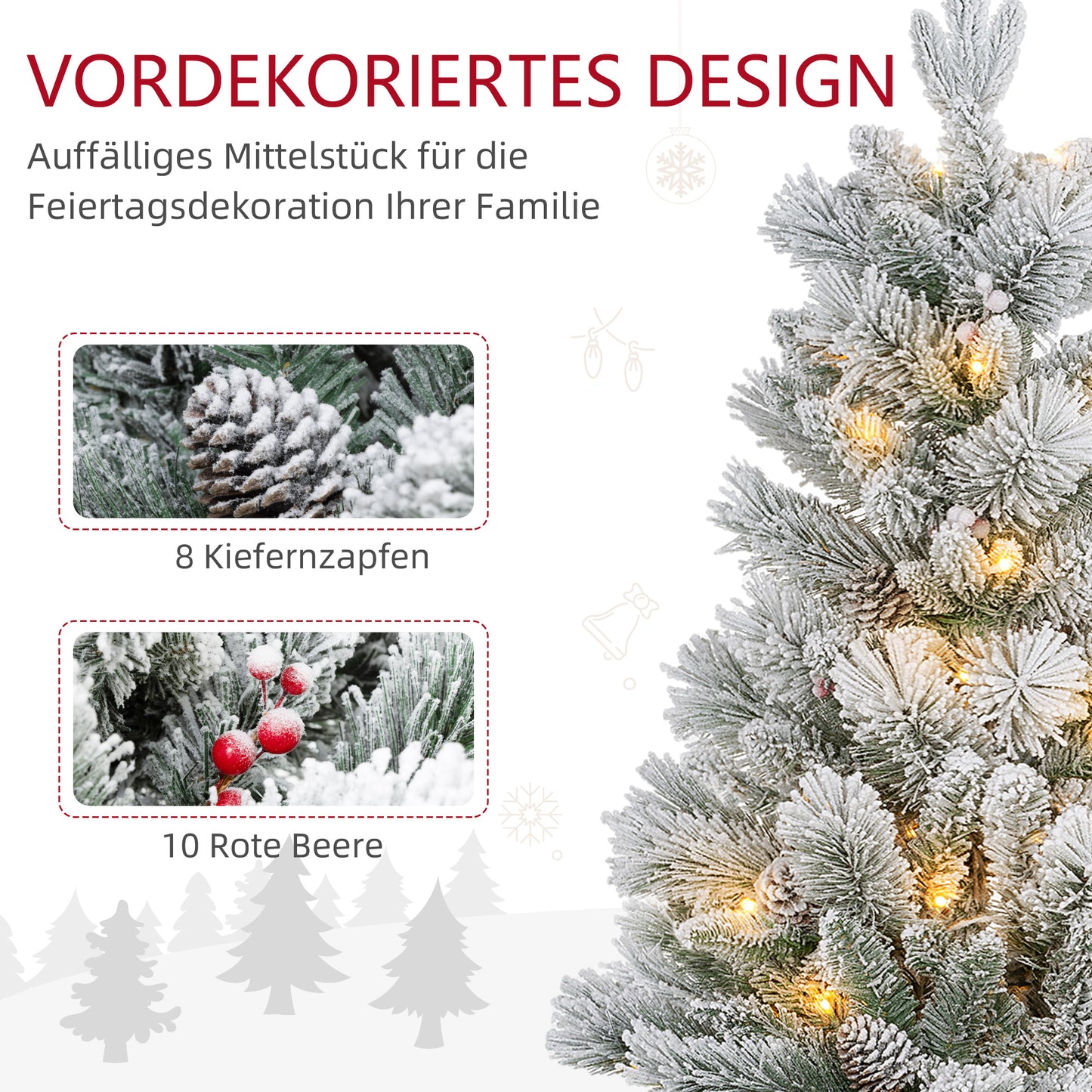 HOMCOM Weihnachtsbaum mit LED-Beleuchtung, 2er-Set, 107 cm, Tannenzapfen, rote Beeren, feuersicher, Grün/Weiß