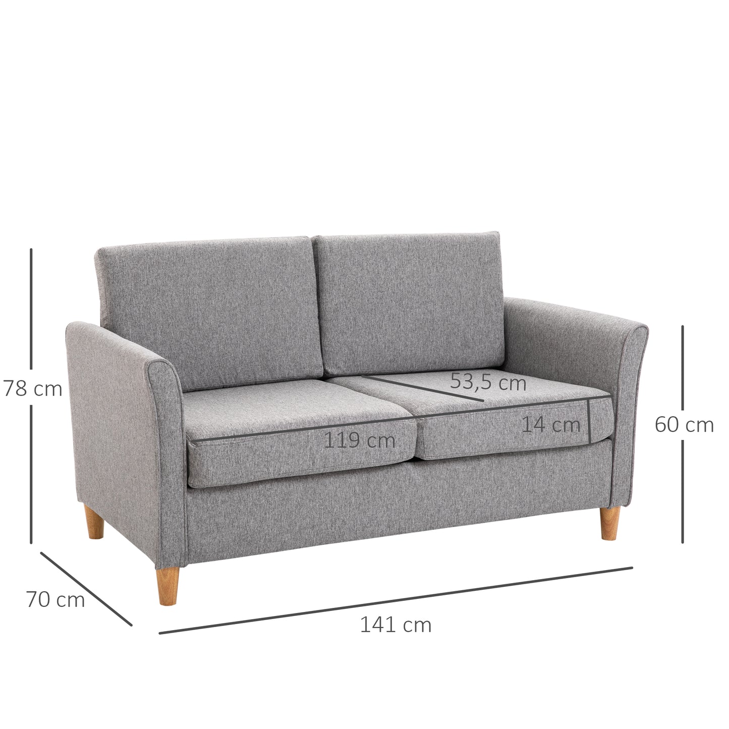 HOMCOM® Zweisitzer Sofa | Abnehmbare Kissen | Leinen, Schaumstoff, Kautschukholz | Hellgrau | 141 x 70 x 78 cm