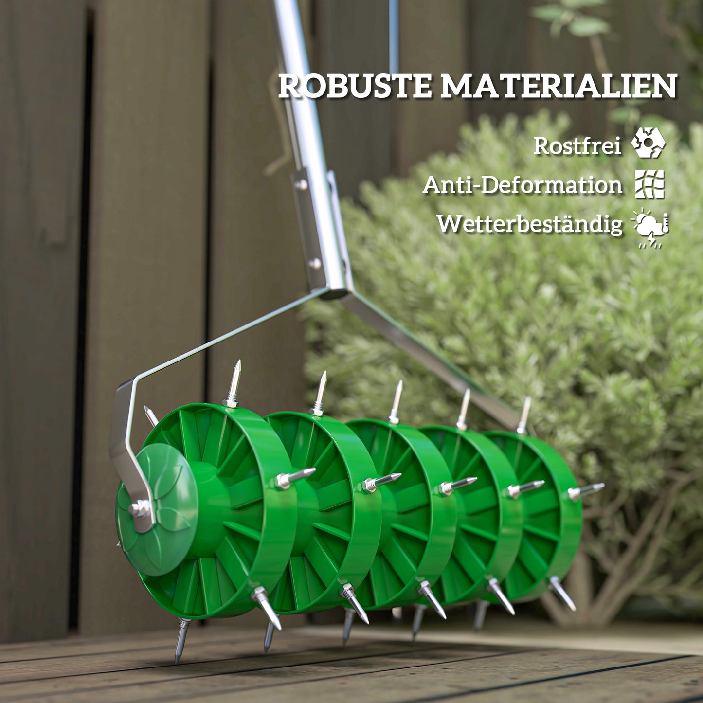 Outsunny Rasenlüfter Aerifizierer für Rasen 45cm Breite Manuell Rasenbelüfter mit 30 Eisenspikes Stahl Dunkelgrün