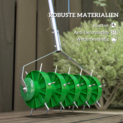 Outsunny Rasenlüfter Aerifizierer für Rasen 45cm Breite Manuell Rasenbelüfter mit 30 Eisenspikes Stahl Dunkelgrün