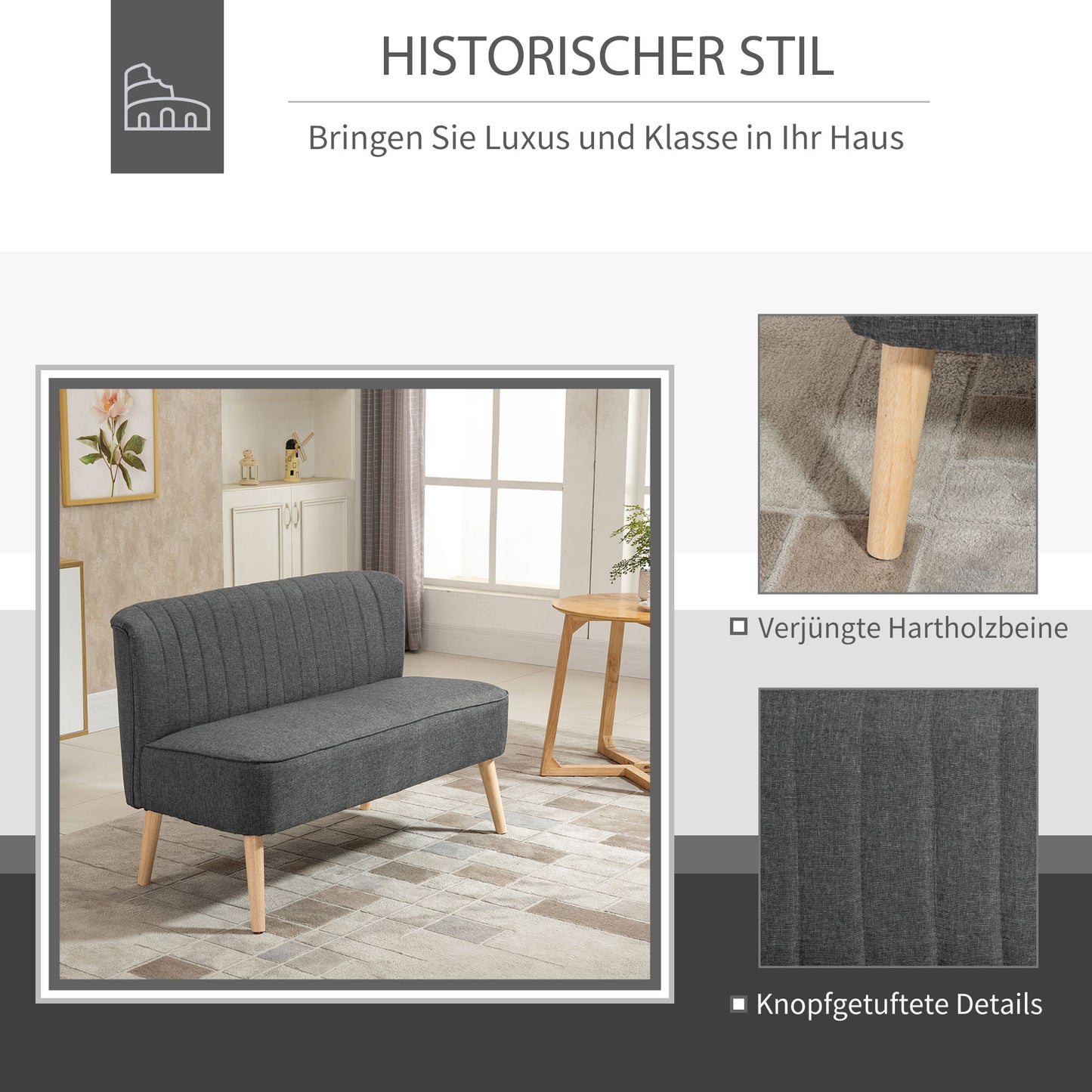 HOMCOM 2-Sitzer Sofa, weiche Polsterung, pflegeleichter Bezug, bis 150 kg, 117 x 56,5 x 77 cm, Dunkelgrau