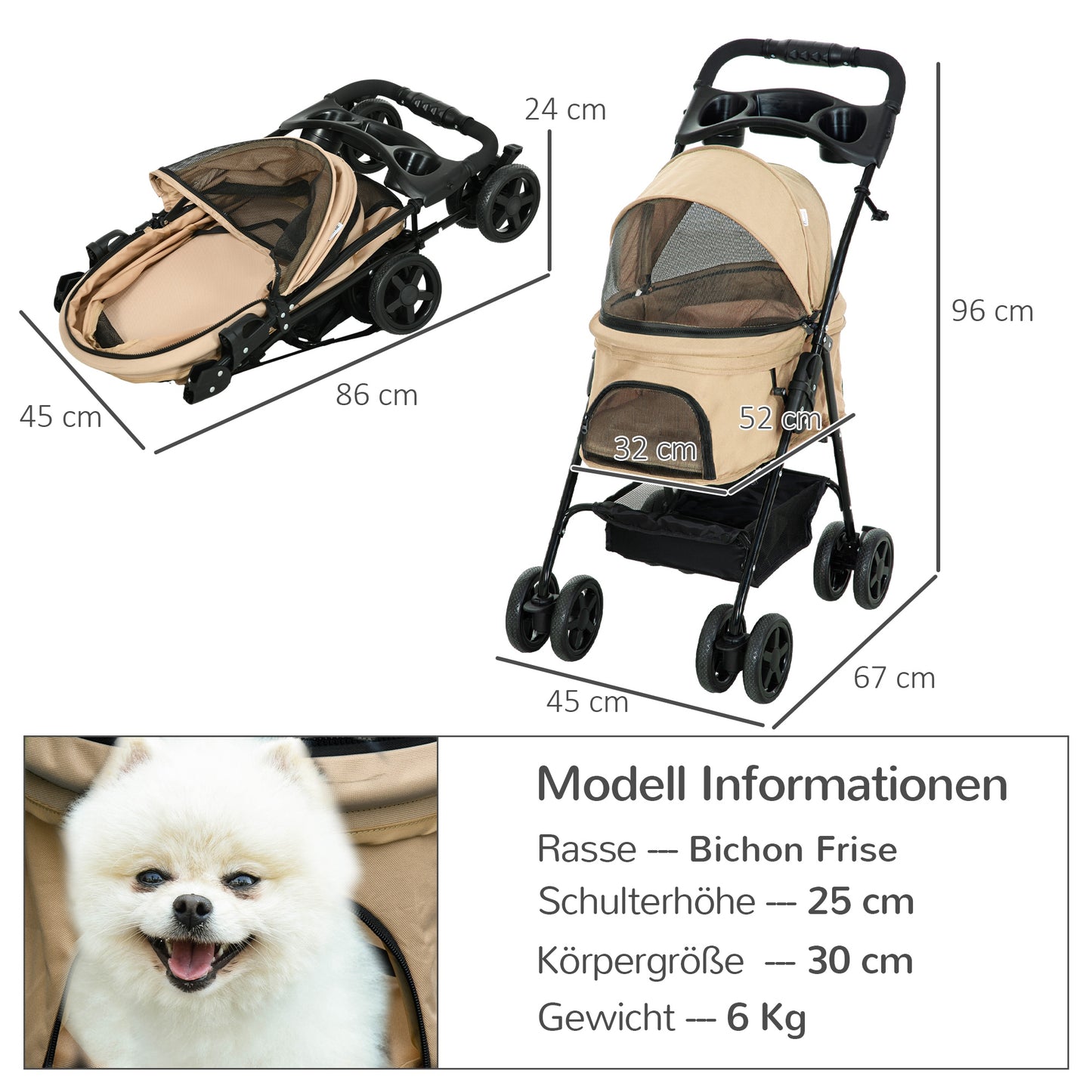 PawHut Hundewagen Hundebuggy, klappbar, 2 Sicherheitsleinen, 2 Becherhalter, 67 x 45 x 96 cm, Khaki
