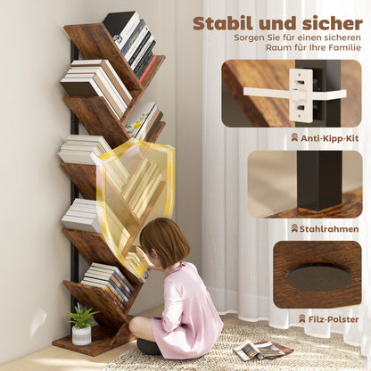 HOMCOM Bücherregal Standregal mit 9 Ebenen Schmal Regal im Baumform für Büro, Rustikal Braun