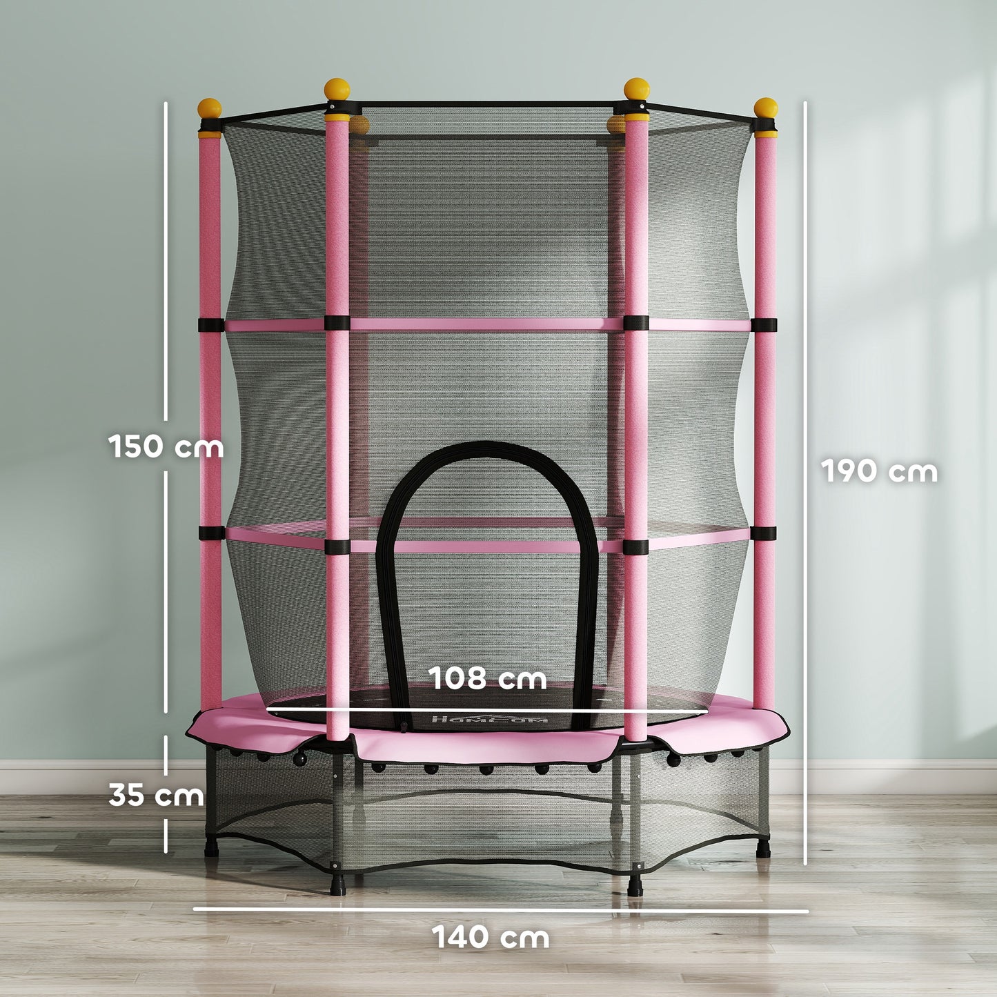 HOMCOM Trampolin für Kinder, Ø140 cm, mit Sicherheitsnetz, für innen und außen, Stahl, Kunststoff, belastbar bis 50 kg, Rosa