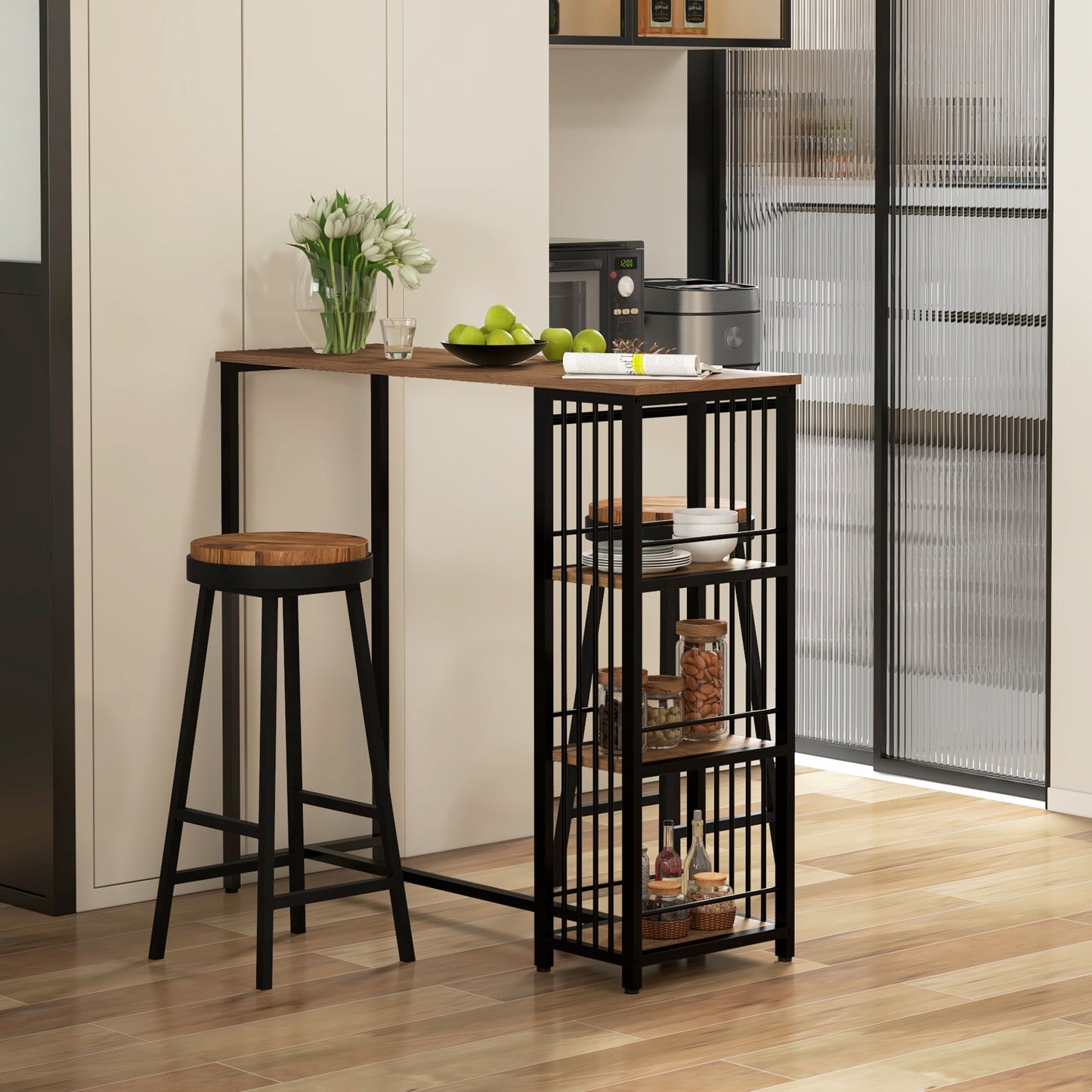 HOMCOM Bartisch Stehtisch Küchentresen, Industriedesign, 3 Regale, 120 x 40 x 105 cm; Schwarz + Braun