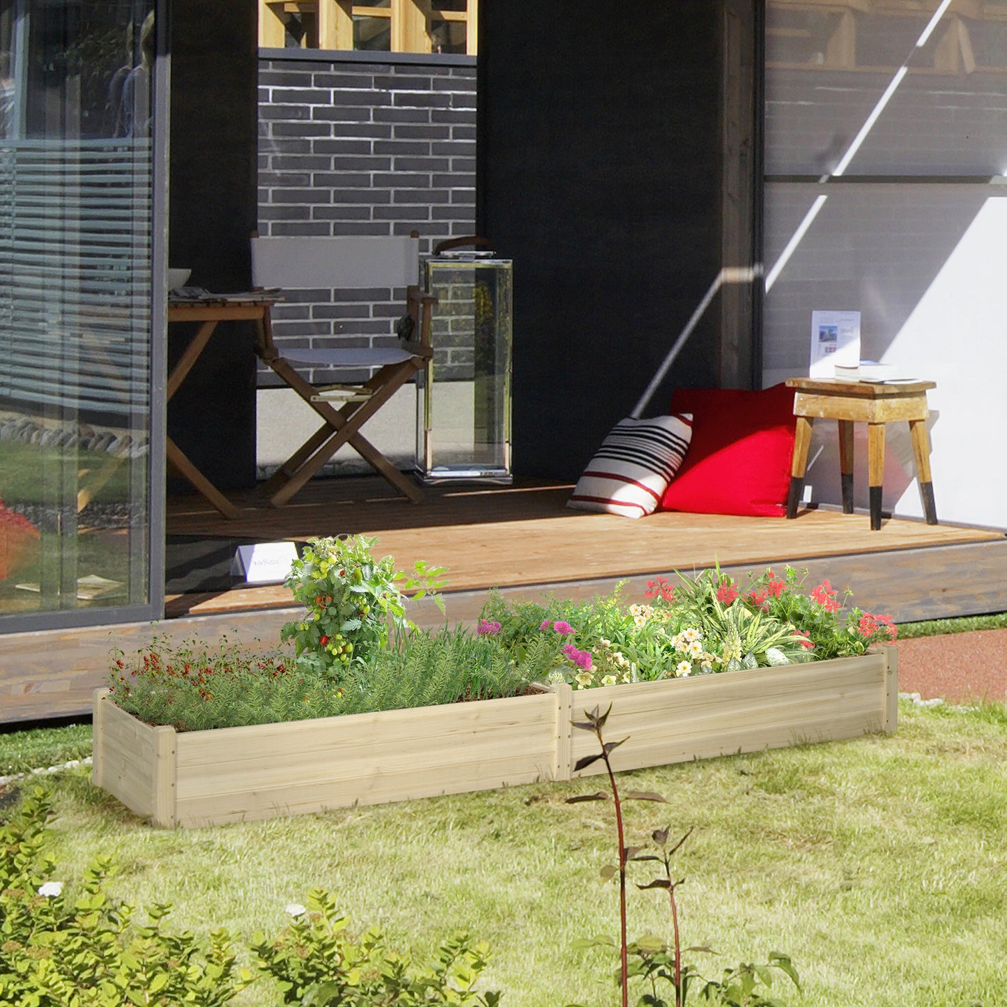 Outsunny Hochbeet, 2 Pflanzbereiche, Innenverkleidung aus Vlies, wetterbeständig, Massivholz, 244 cm x 61,5 cm x 27 cm