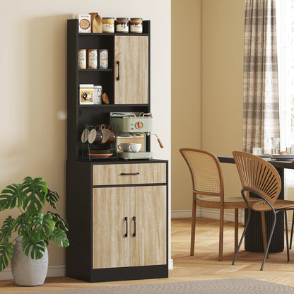 HOMCOM Küchenschrank mit Arbeitsfläche und Kabelloch, moderne Küchenkommode mit Schublade, 3 offene Regale, Naturholz, Schwarz