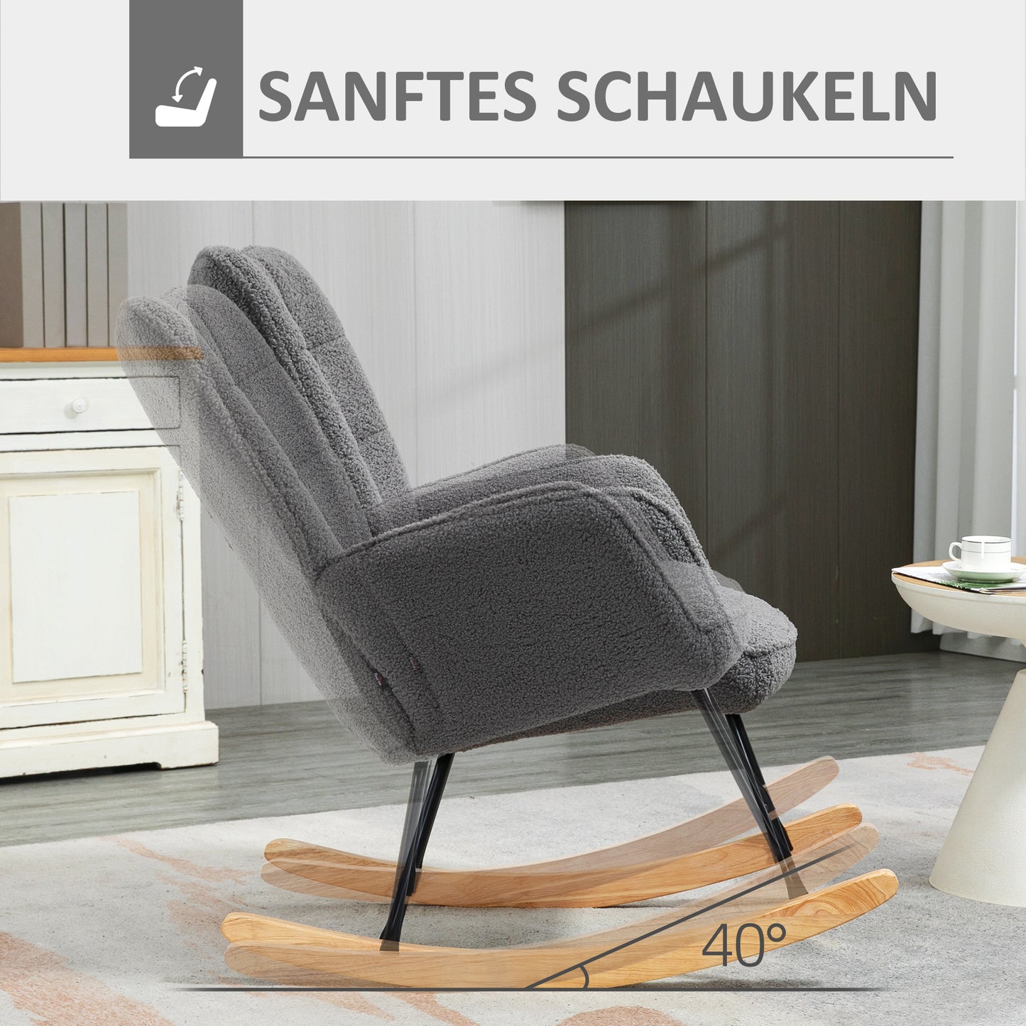 HOMCOM Schaukelstuhl im Retro-Design, Massivholz, Sessel, Relaxsessel, 98 cm x 71 cm x 101 cm, Dunkelgrau