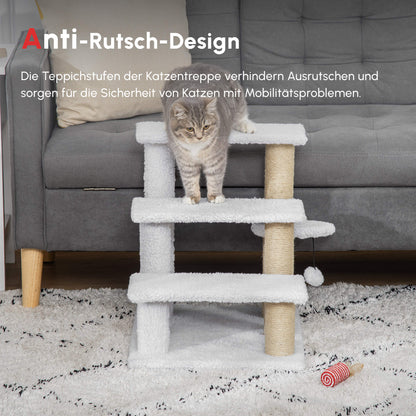PawHut Katzentreppe 3-stufige Haustiertreppe mit Kratzsäulen Ball Hundetreppe Tiertreppe für Katzen bis 5 kg Plüsch Jute Weiß 45 x 40 x 48 cm