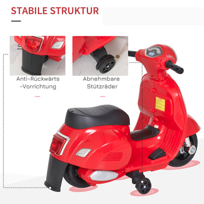 HOMCOM Elektro Kindermotorrad Vespa Elektromotorrad mit LED-Licht, Sound, Kinder Elektro Motorrad für Kinder von 18-36 Monate Rot