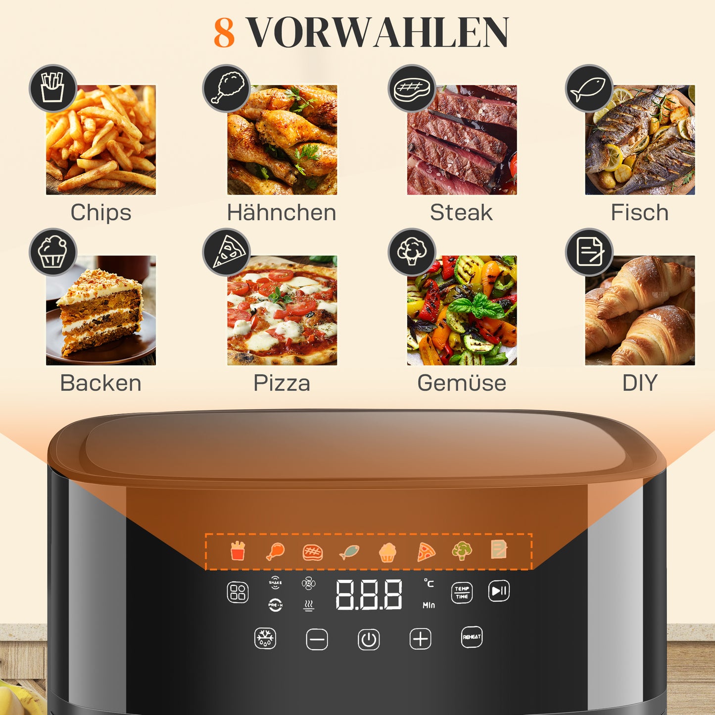 HOMCOM Heißluftfritteuse, Air Fryer, 8 Programme, 8 Liter, LED-Screen, Schwarz