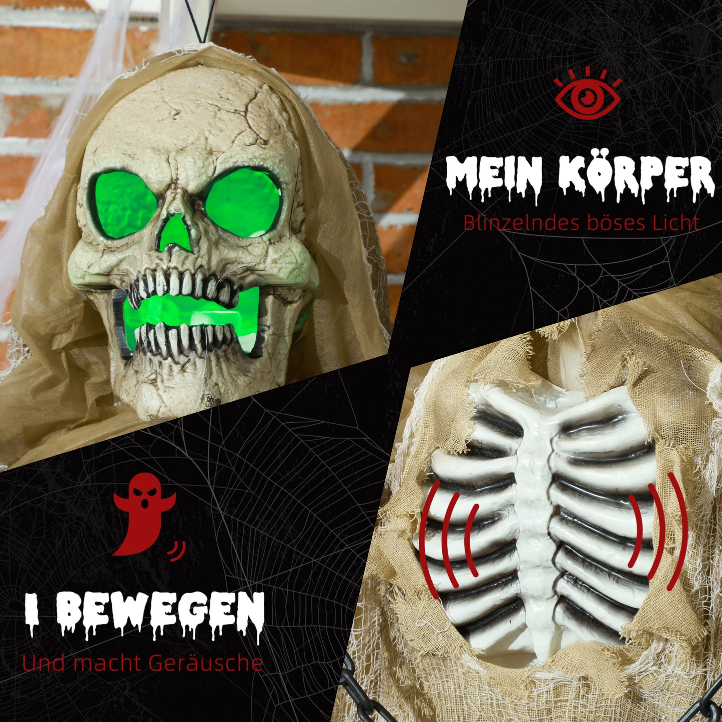 HOMCOM Halloweendekoration, Hängendes Skelett, leuchtender Kopf, unheimliches Heulen, biegsame Arme, Khaki
