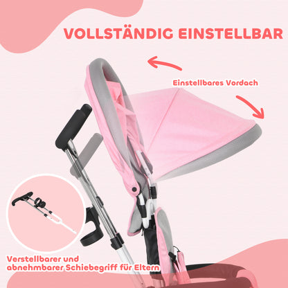 HOMCOM 6-in-1 Kinderdreirad mit Schiebestange, Dach, Gurt, Ablagekorb, für 1-5 Jahre, Rosa