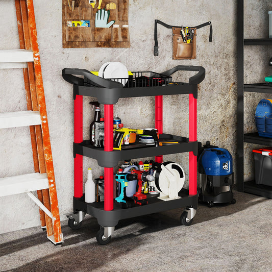 HOMCOM Werkzeugwagen mit 3 Ebenen, seitliche Griffe, Räder, Kunststoff, Schwarz