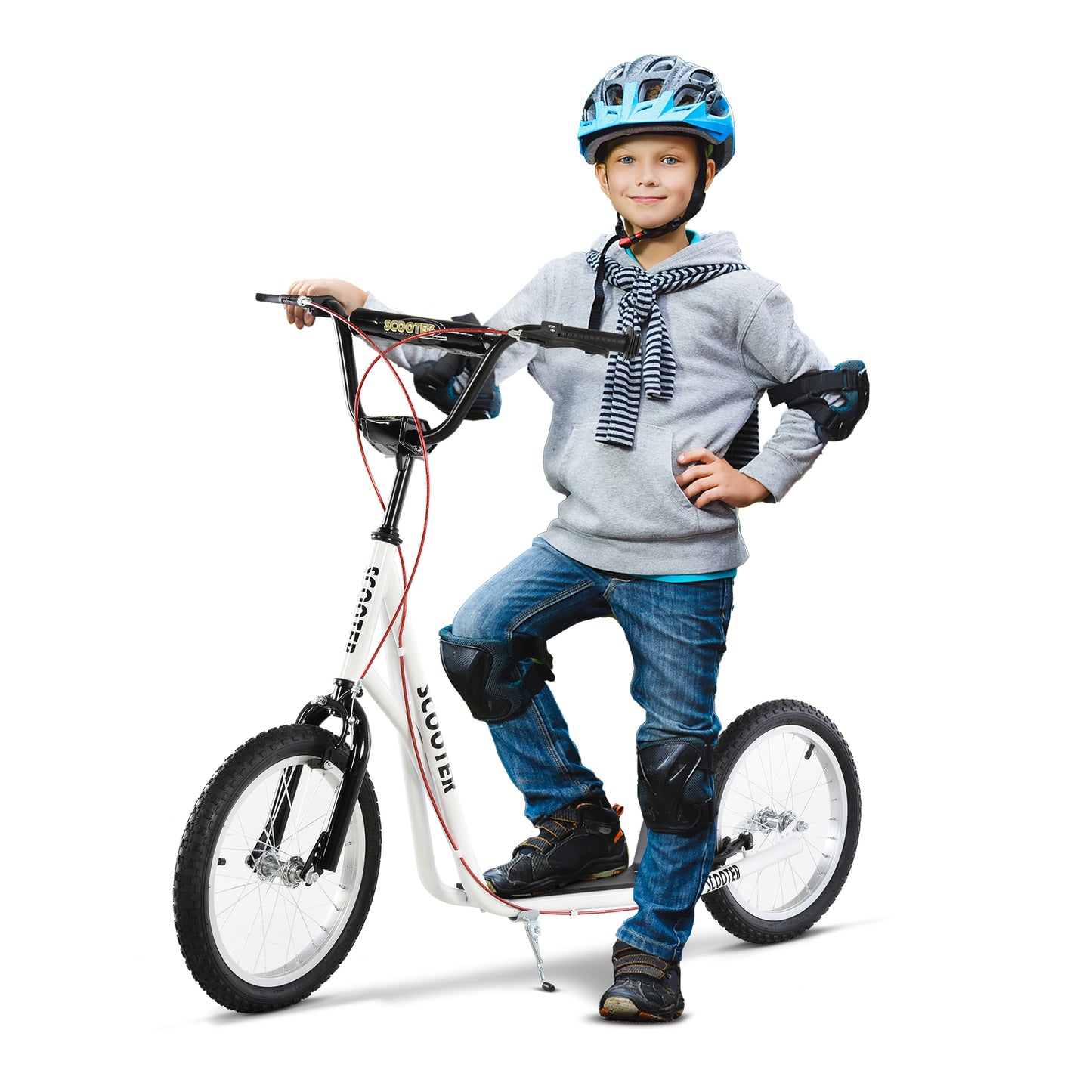 HOMCOM Kinderroller Scooter Tretroller Cityroller Kickscooter Roller Kinder Kickboard mit Luftreifen und Handbremse Scooter Kinder Wasserfest Faltbar ab 5 Jahre 16 Zoll Weiß 139 x 58 x 90-96 cm
