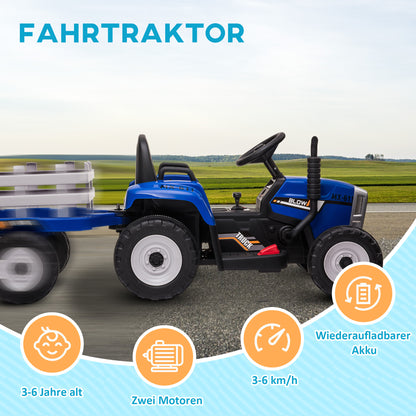 HOMCOM Kinder-Elektroauto mit Anhänger, Fernbedienung, Scheinwerfer, 3-6 km/h, für 3-6 Jahre, Blau