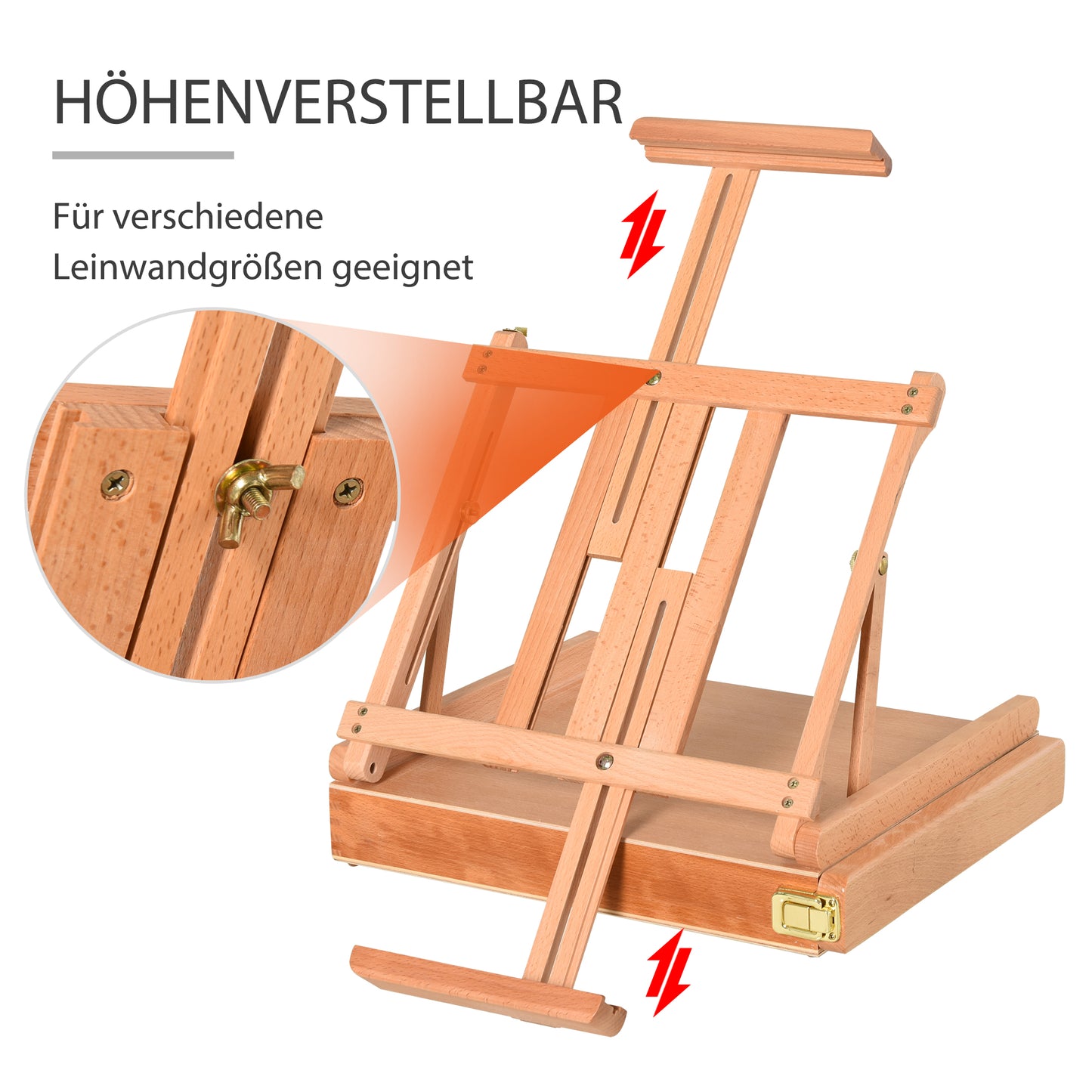 Vinsetto Staffelei Keilrahmen Kofferstaffelei Atelierstaffelei Winkelverstellbar Faltbar mit Schublade Buchenholz Natur 42 x 36 x 12,5 cm