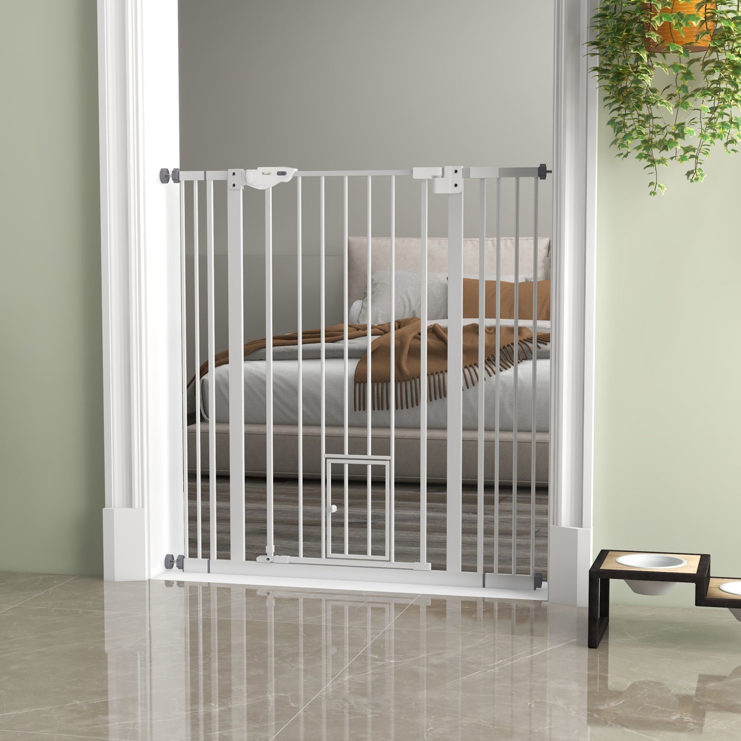 PawHut Hunde-Absperrgitter, dubbel Verriegelung, selbstschließende Tür, 104 cm hoch, Stahl, Weiß