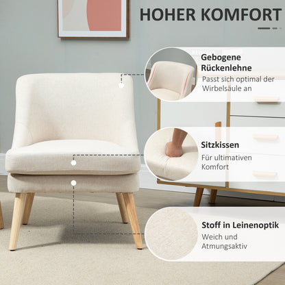 HOMCOM Sessel Loungesessel mit Leinenoptik, Armlehne, Gepolstert Relaxsessel mit Holzbeine, für Wohnzimmer, Schlafzimmer, Cremeweiß