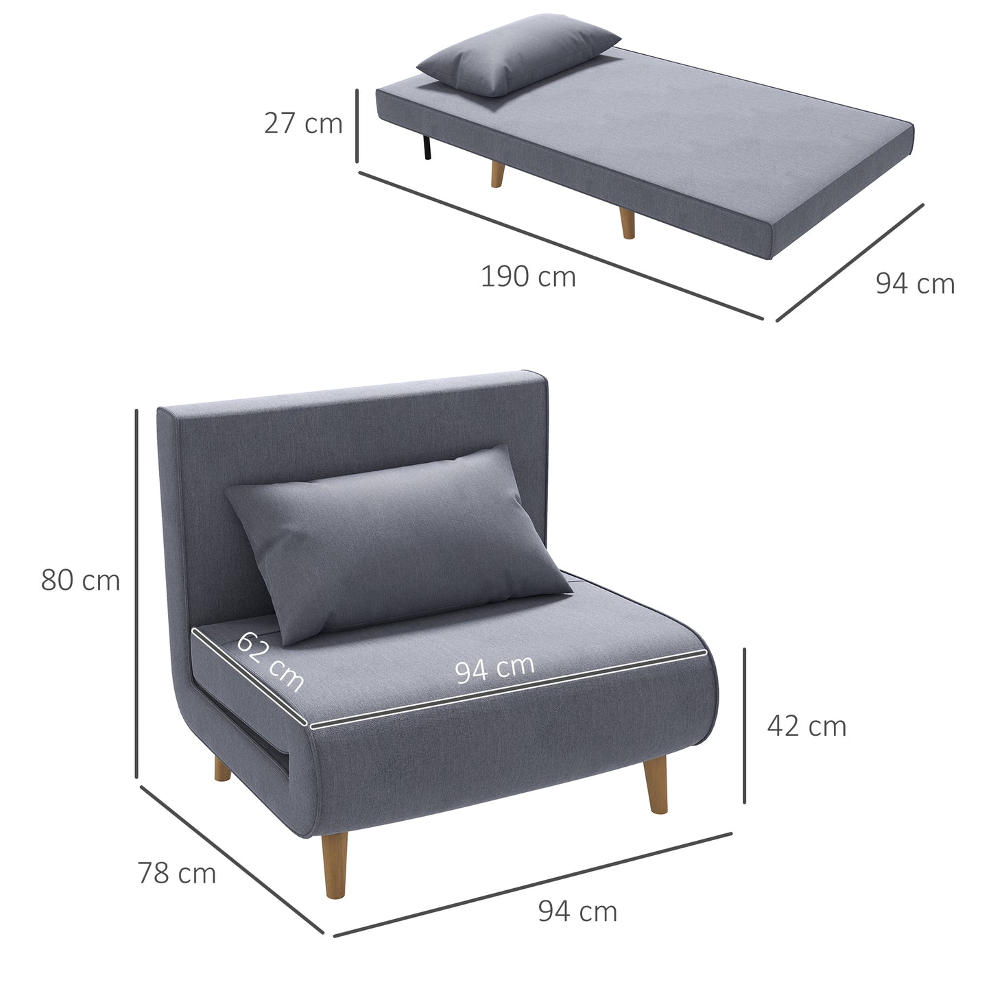 HOMCOM Einzelsofa Schlafsofa Sofabett Klappsofa verstellbar Rückenlehne Liege nordisch skandinavisch 25D Schaumstoff Haus Leinenimitat Tannenholz Grau 94 x 78 x 80 cm