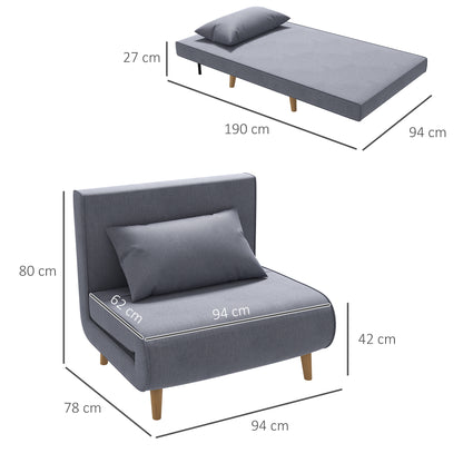 HOMCOM Einzelsofa Schlafsofa Sofabett Klappsofa verstellbar Rückenlehne Liege nordisch skandinavisch 25D Schaumstoff Haus Leinenimitat Tannenholz Grau 94 x 78 x 80 cm