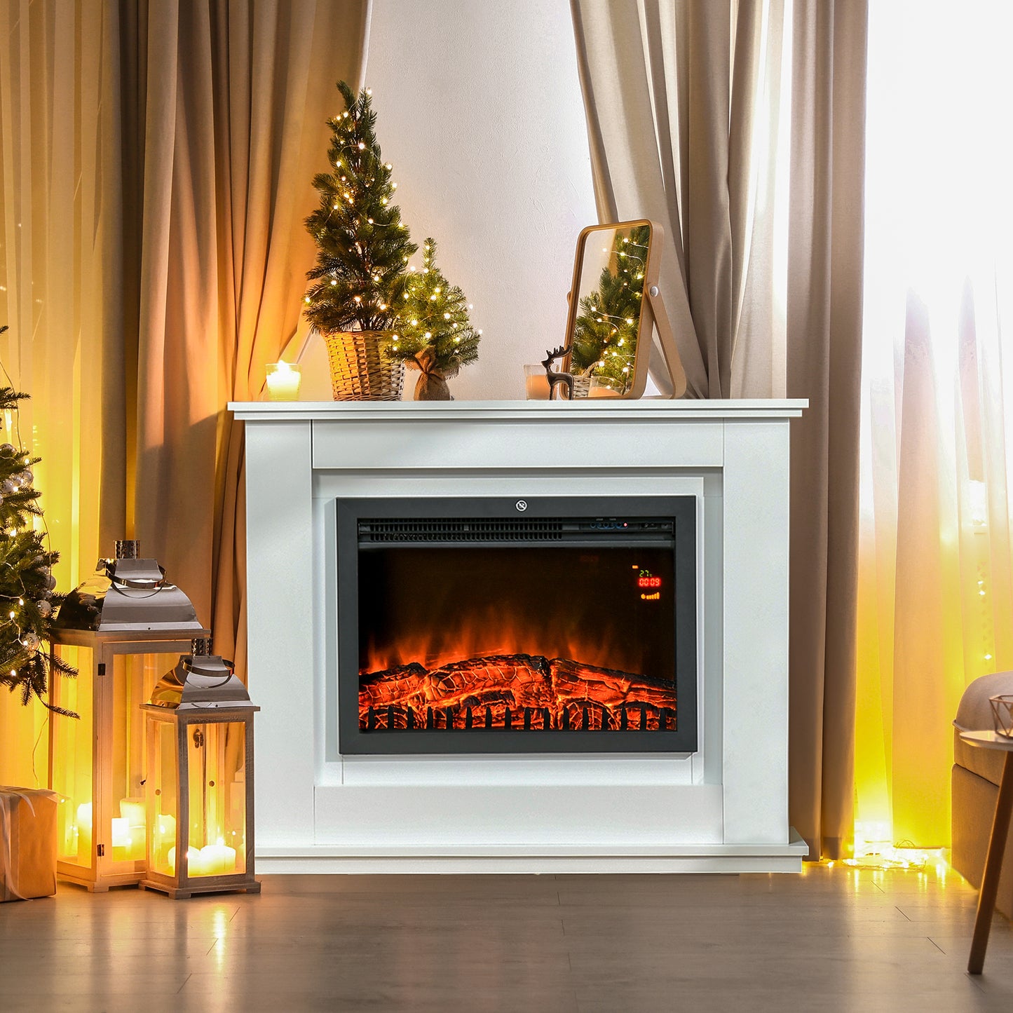 HOMCOM Elektrischer Kamin, 3D LED-Flammen, Fernbedienung, Timer, MDF, Weiß