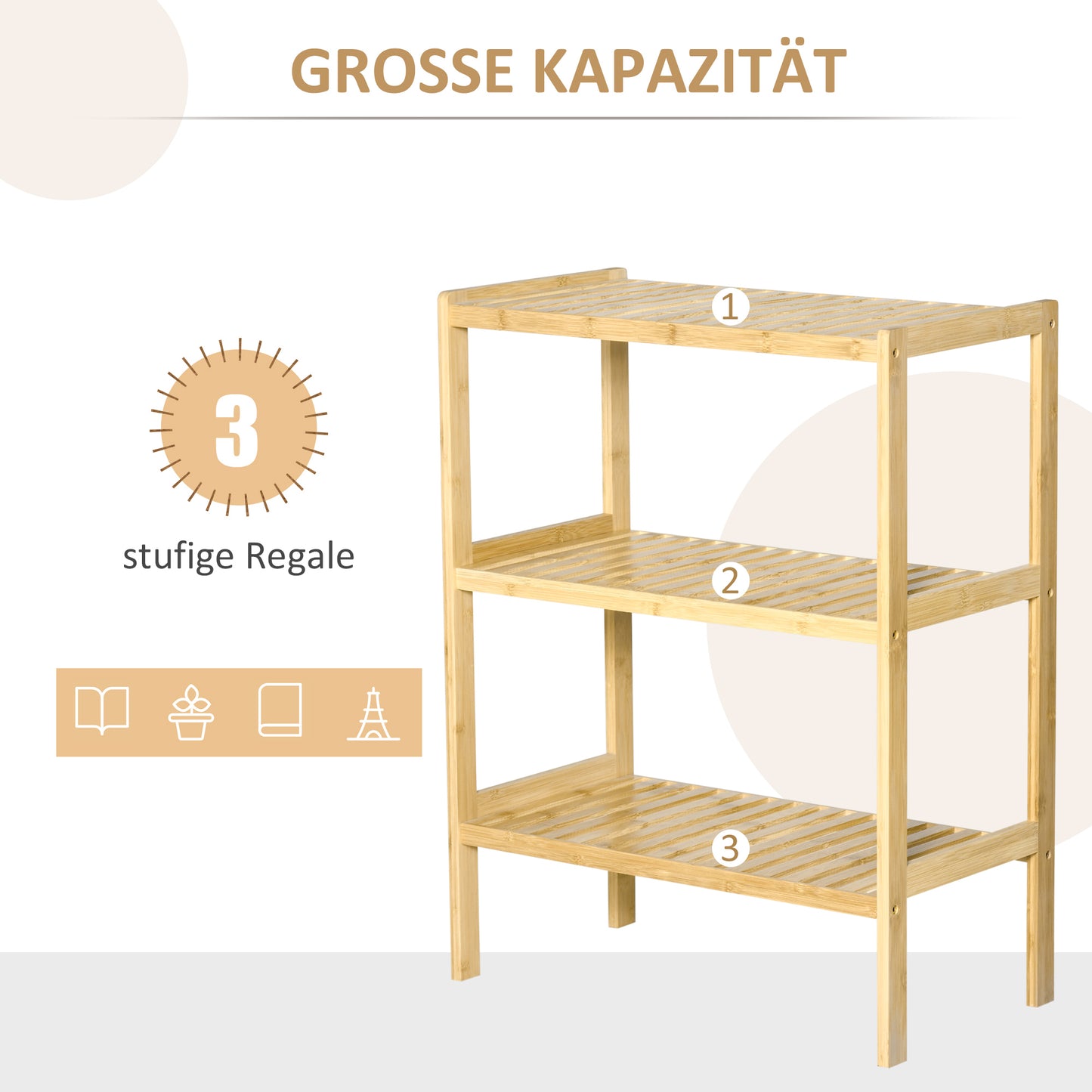 HOMCOM Regal Bambusregal 3 Regalböden, Bambus 62 cm x 33 cm x 80 cm, Natur