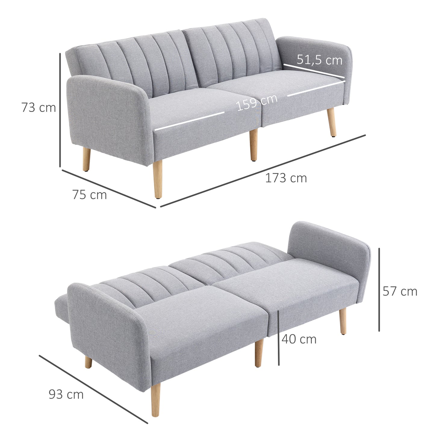 HOMCOM Schlafsofa, 2-Sitzer Stoffsofa, Sofa mit Schlaffunktion, leinenartiges Polyester, Kautschukholz, 173 x 75 x 73 cm, Grau