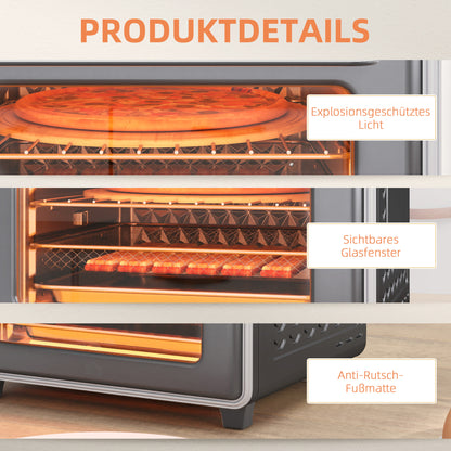 HOMCOM Minibackofen, 20L, 5 Funktionen, 360° Heißluft, Grillrost, Krümelblech, Grau