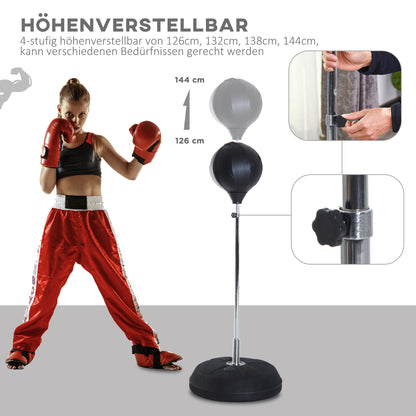 HOMCOM Box-Set mit Punchingball, höhenverstellbar, inkl. Boxhandschuhe, 126-144cm, Schwarz