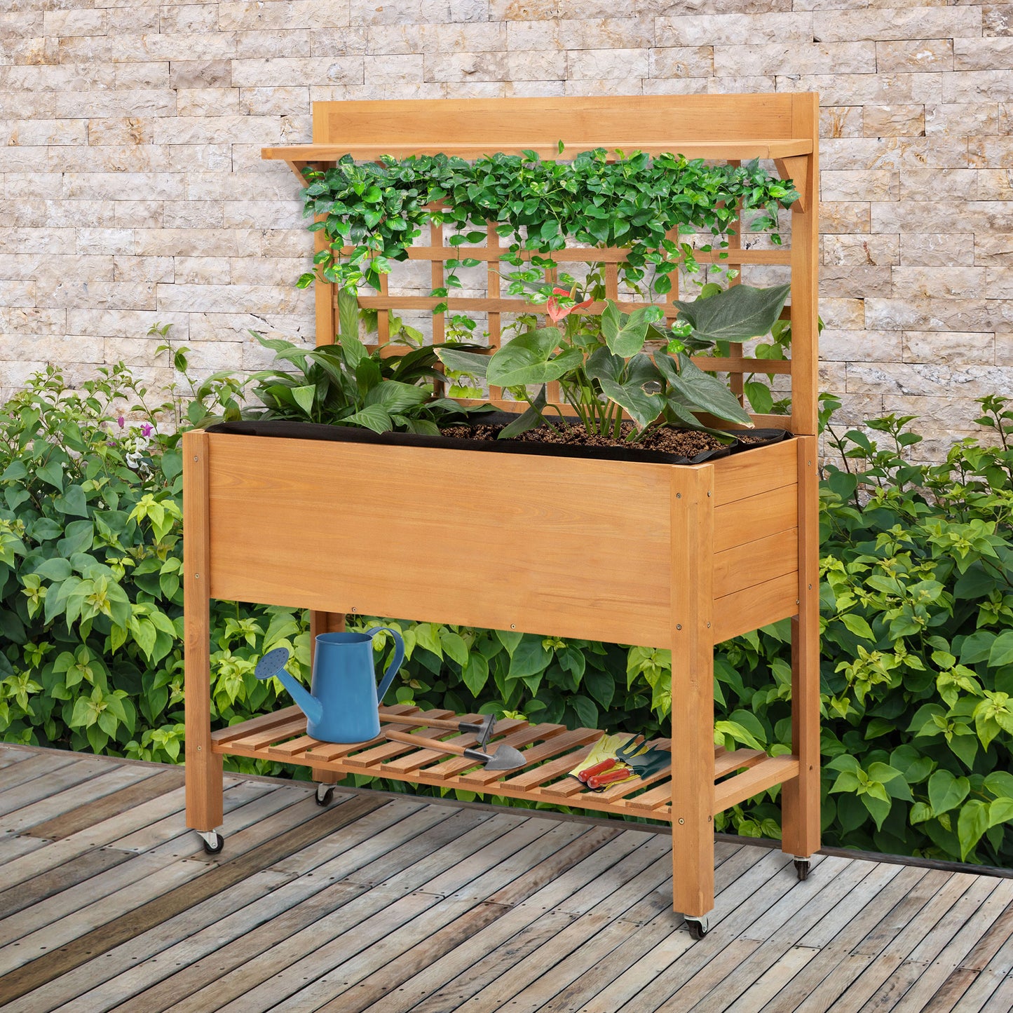 Outsunny Hochbeet Pflanztisch Blumentisch Arbeitstisch Gärtnertisch Gewächshaus Holzpflanztisch für Garten Balkon, 105 x 40 x 135 cm, Tanne, nicht gewebter Stoff, Braun