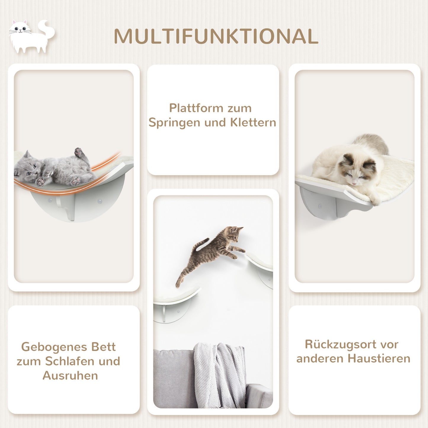PawHut Katzenregal, Wandmontage, weiche Liegefläche, bis 10kg, 41x28x21cm, Weiß