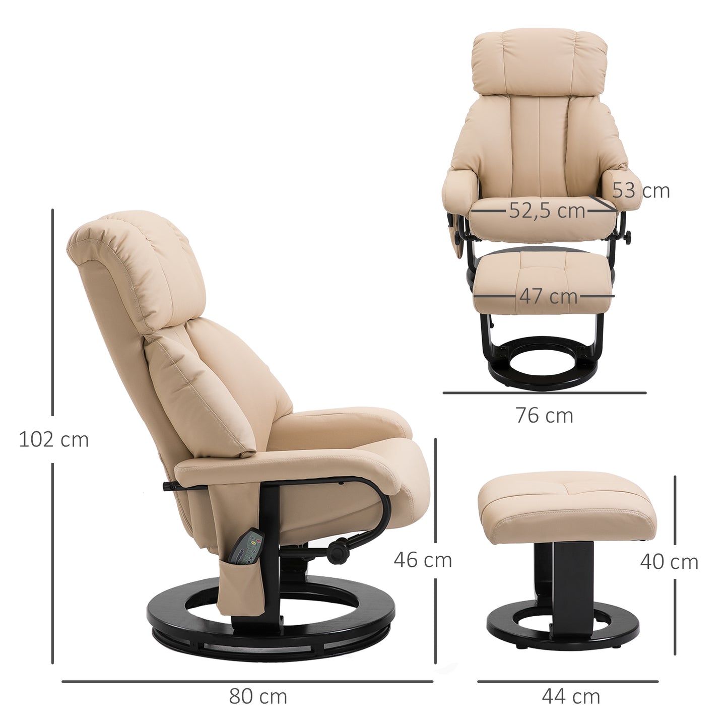 HOMCOM Relaxsessel mit Hocker, drehbarer Fernsehsessel mit Massagefunktion, Liegefunktion, Massagesessel mit Fernbedienung, Seitentasche, Ruhesessel aus Kunstleder für Wohnzimmer Cremeweiß
