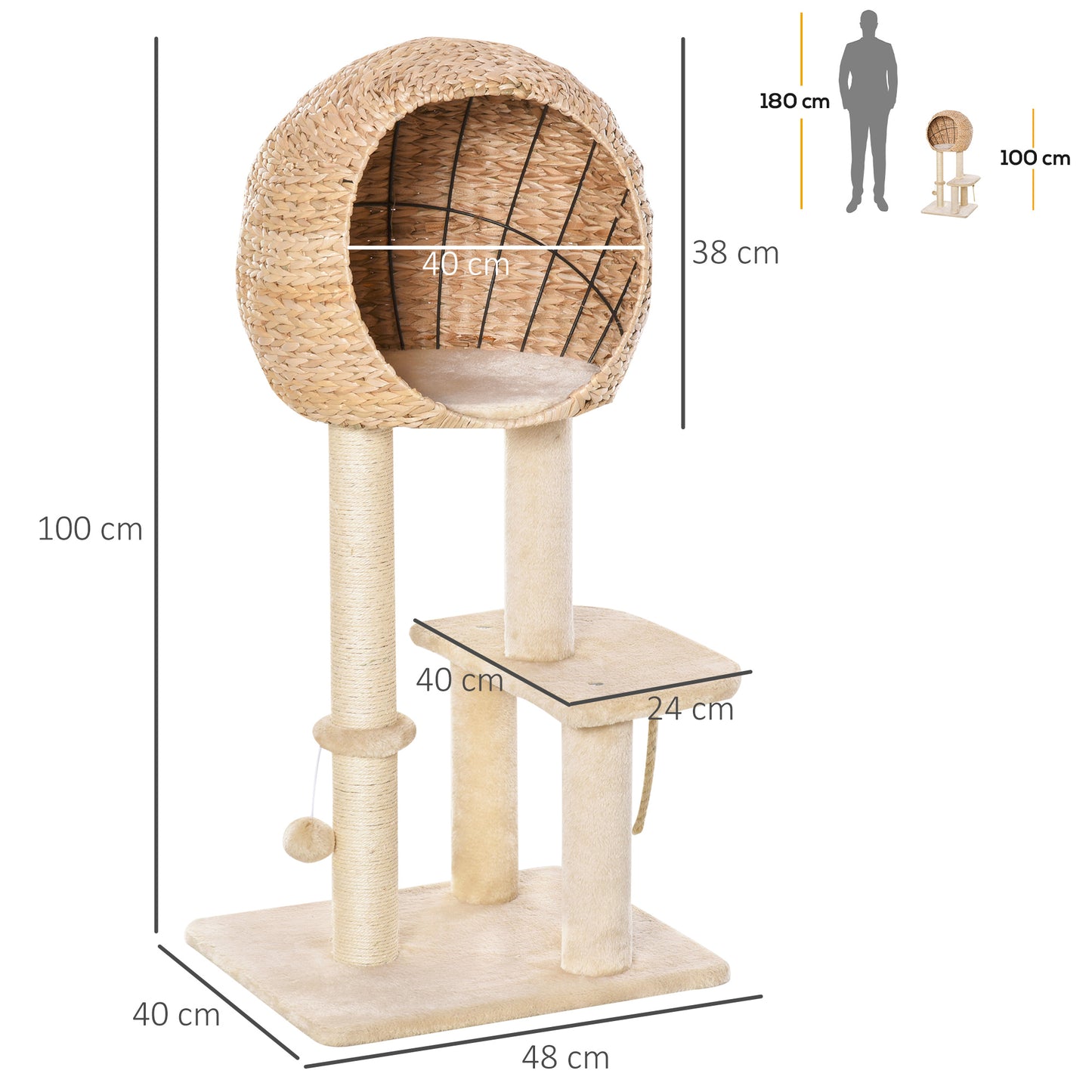 PawHut Kratzbaum 100 cm Katzenturm mit Höhle, Spielball, Sisalstämme, Plattform, mehrstöckiger Katzenkratzbaum, Kletterbaum, für mittelgroße Katzen, Beige