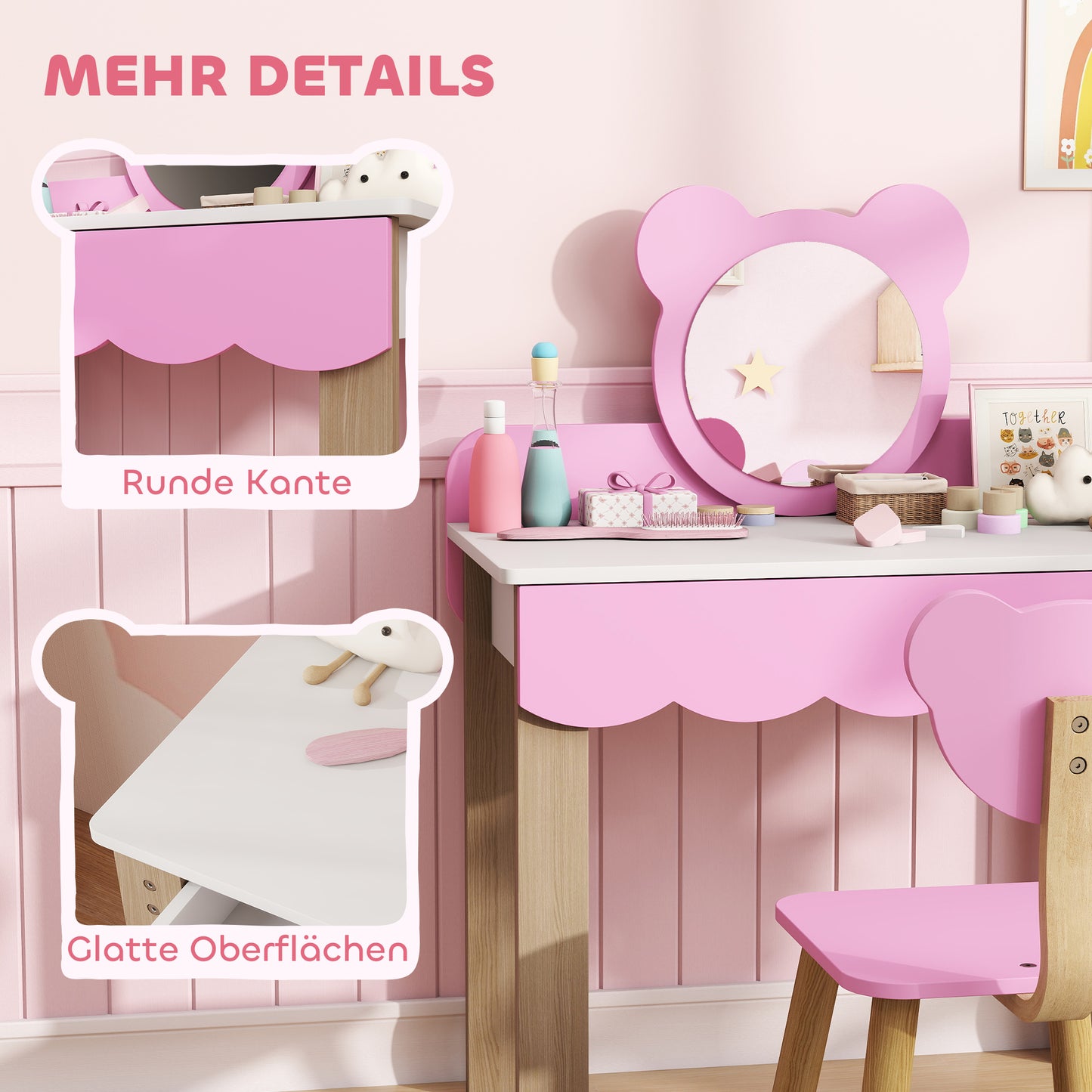 AIYAPLAY Frisiertisch-Set mit Hocker für Kinder, Schminkspiegel, Bärchenform, Schublade, MDF, Rosa