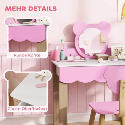 AIYAPLAY Frisiertisch-Set mit Hocker für Kinder, Schminkspiegel, Bärchenform, Schublade, MDF, Rosa