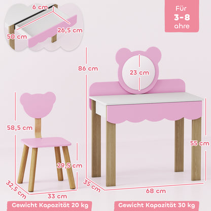 AIYAPLAY Frisiertisch-Set mit Hocker für Kinder, Schminkspiegel, Bärchenform, Schublade, MDF, Rosa
