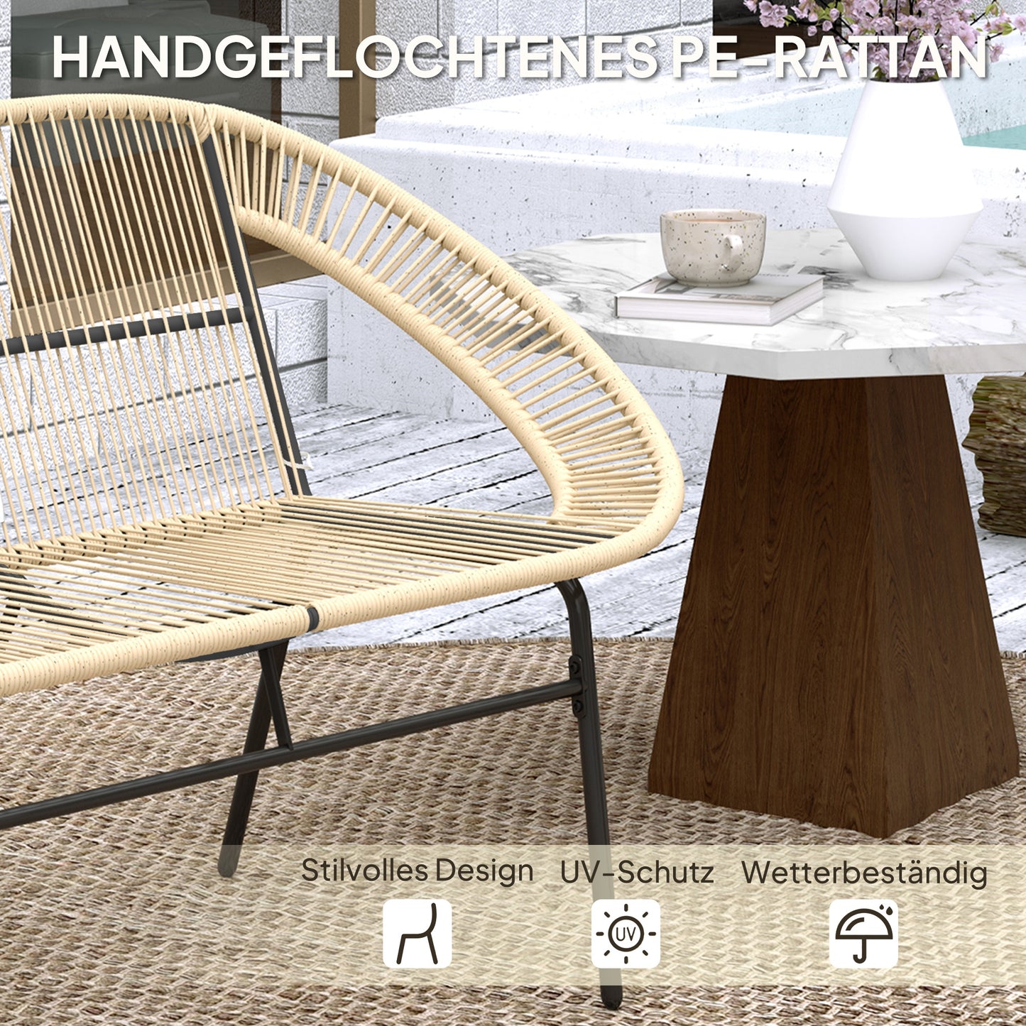 Outsunny 2-Sitzer Gartenbank Polyrattan, wetterfest Sitzbank im Rattanflecht-Design, UV-Beständig 260kg belast Khaki